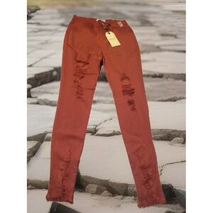Vibrant MIU‎ Skinny Jeans Womens Burnt Orange Stretch Distressed Size 11 BNWT